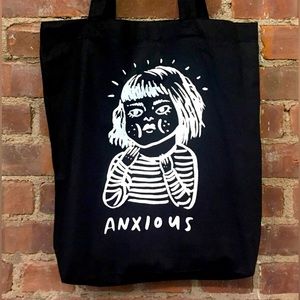 Anxious Girl Tote Screenprinted by Hand Black